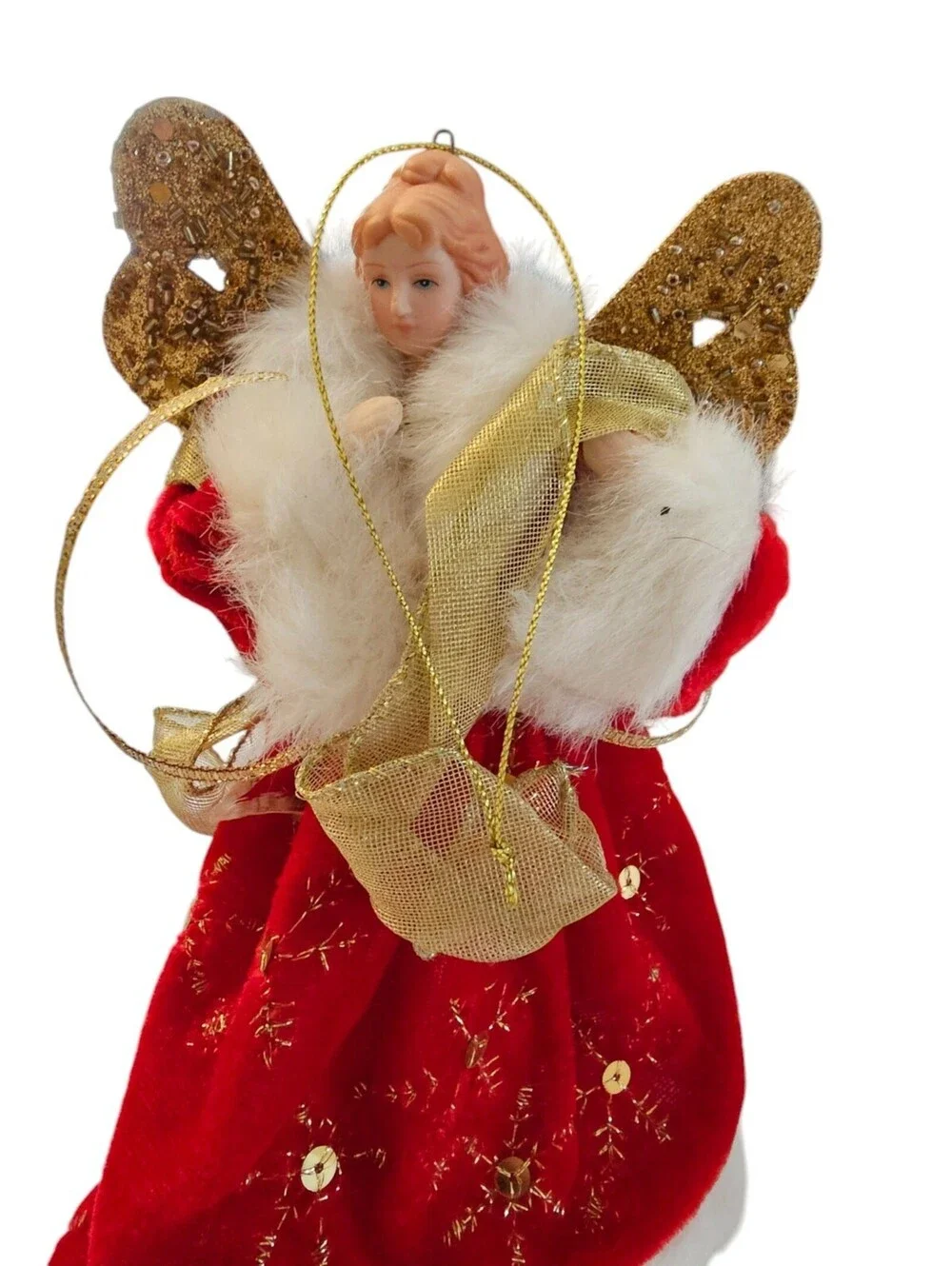 Vintage Christmas Tree Topper Angel Red White Porcelain Gold Wings